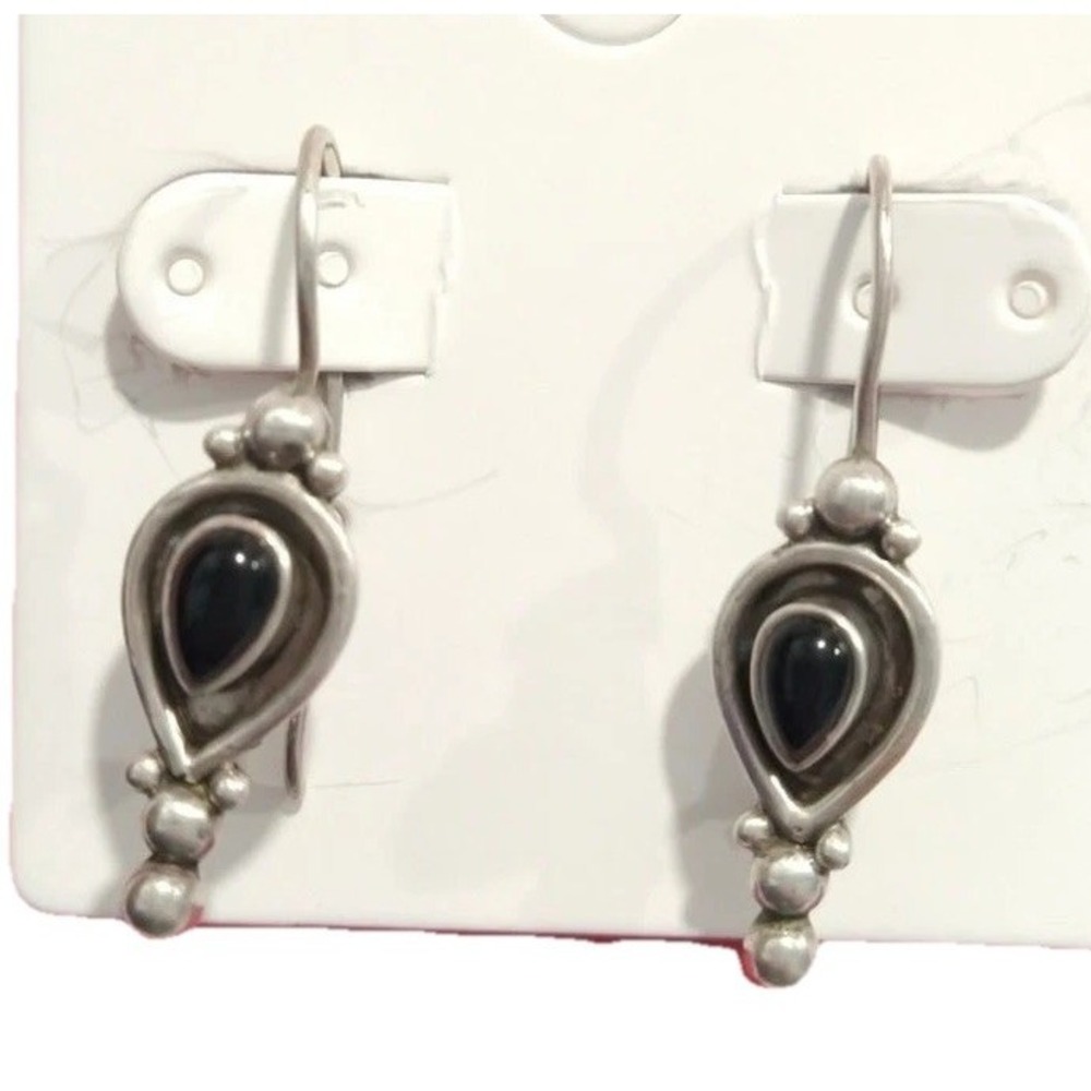 Vintage Sterling Silver 925 Designer Signed  Black Onyx Dangle Earrings